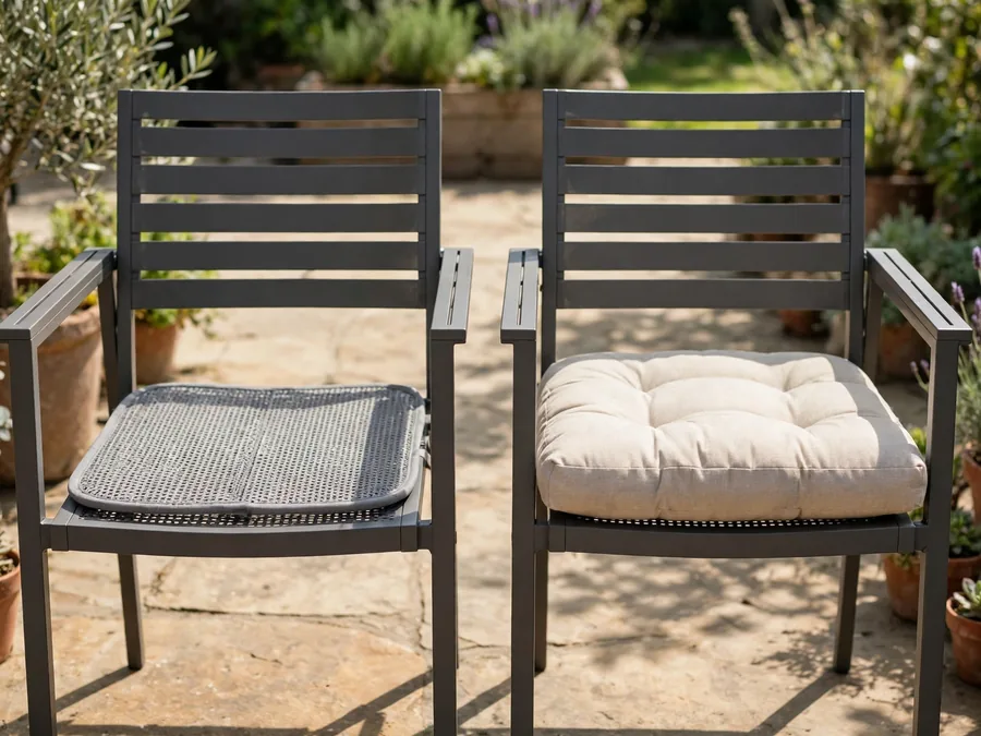 Breathable mesh seat pad beside a thick foam pad for cooler evenings
