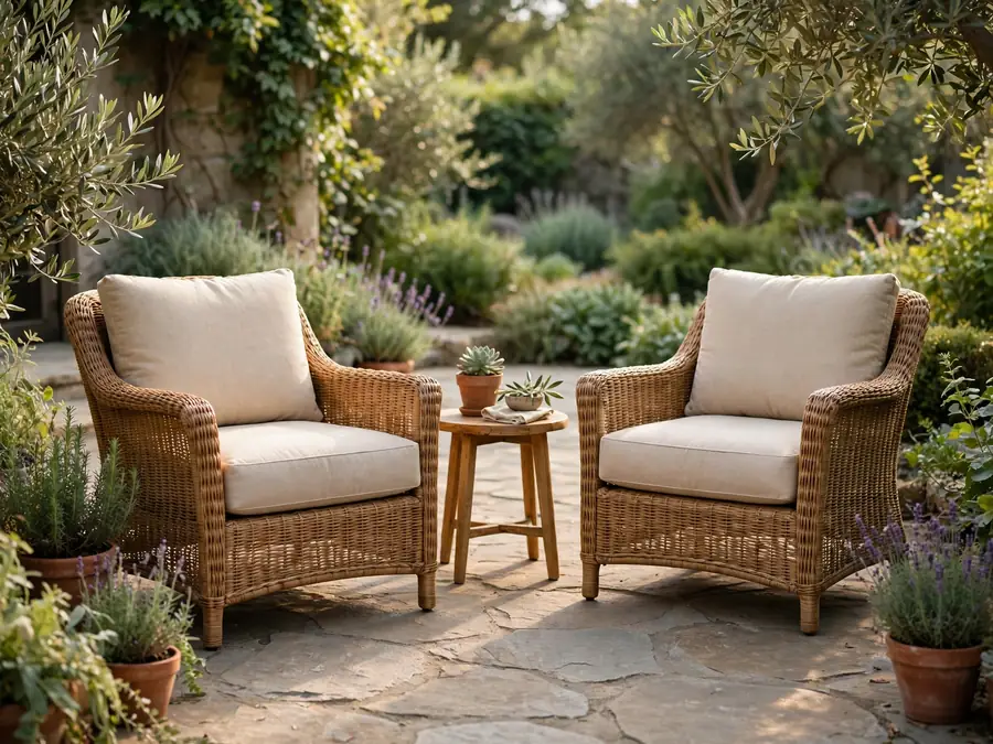 Two patio armchairs spaced apart with a small shared table between