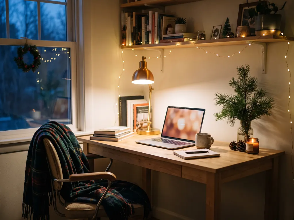 Cozy home office desk with warm string lights