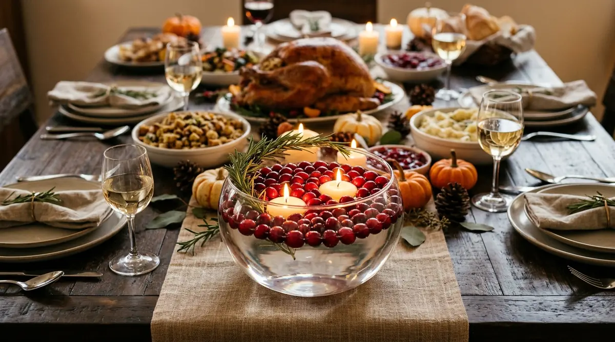 Glass bowl cranberry floating candle centerpiece glowing on a Thanksgiving table