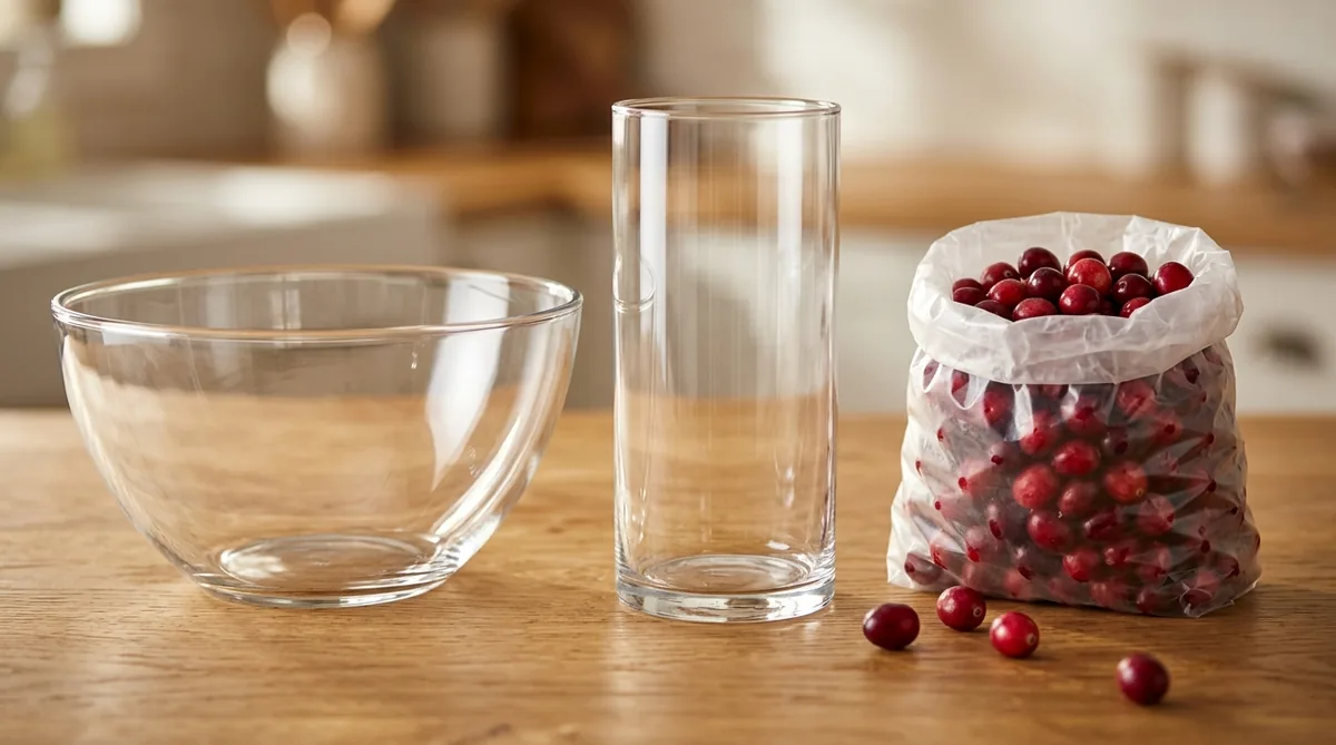 Clear glass bowl and cylinder vase ready to become a cranberry centerpiece