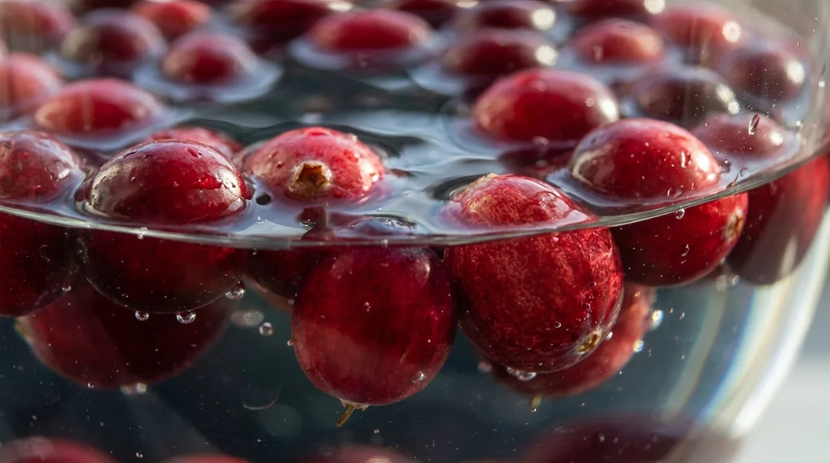 Fresh cranberries floating at different depths in clear water