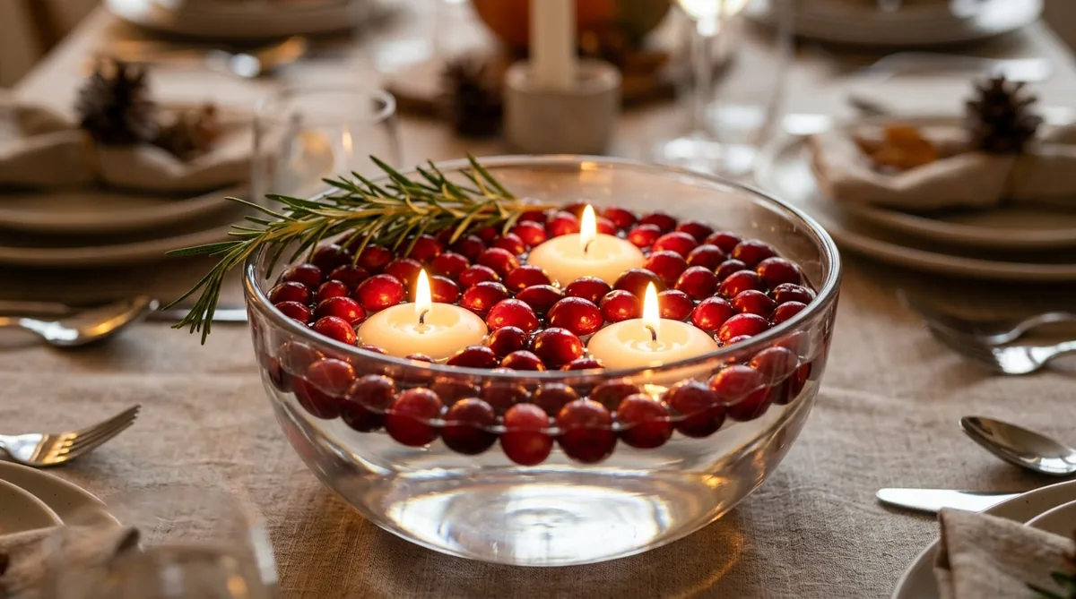 Three floating candles lit among cranberries in a glass bowl centerpiece