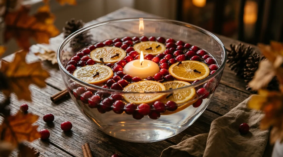 Cranberry and orange slice floating candle centerpiece with cloves
