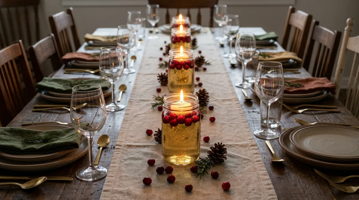 Row of three small mason jar cranberry centerpieces down a long table