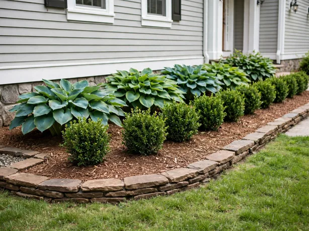 Two-Plant Front Border Formula in a front yard landscaping bed by a suburban house