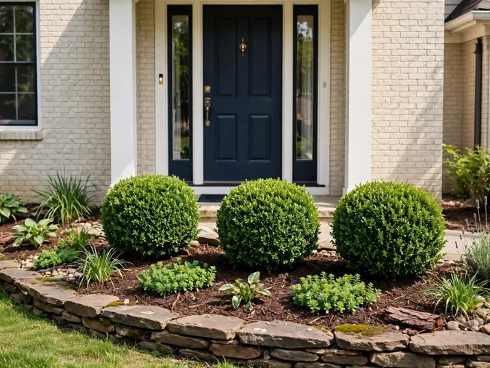 Boxwood Ball Trio by the Door in a front yard landscaping bed by a suburban house