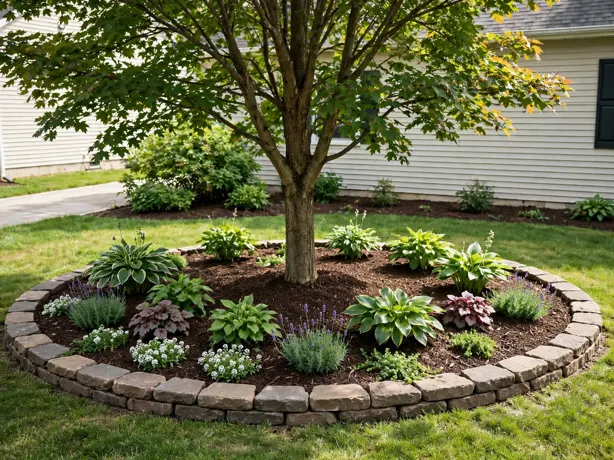 Single Tree Ring Bed in a front yard landscaping bed by a suburban house