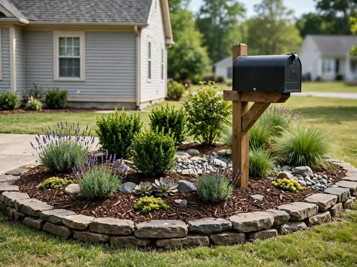 Mailbox Mini Bed in a front yard landscaping bed by a suburban house