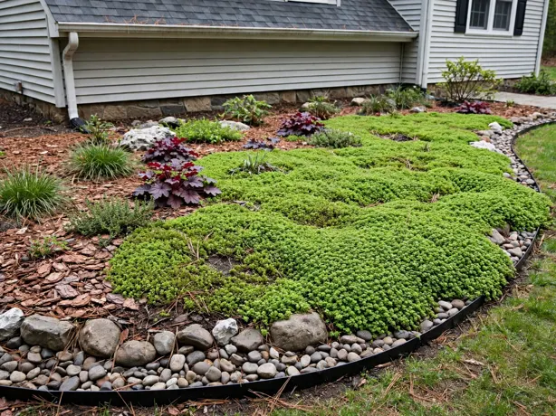 Ground Cover Carpet Patch in a front yard landscaping bed by a suburban house