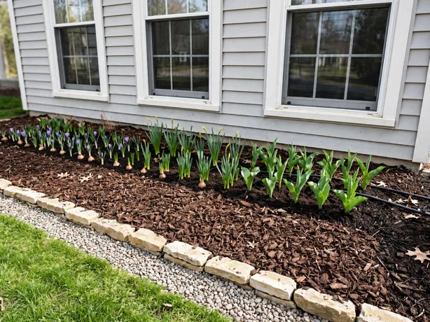 Seasonal Bulb Strip Under Windows in a front yard landscaping bed by a suburban house