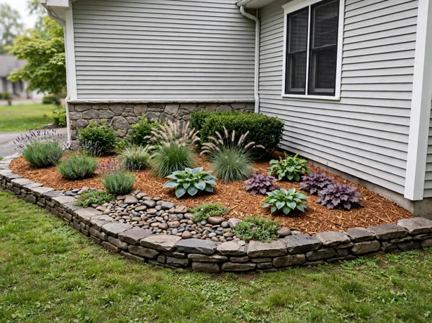 Corner Bed Triangle Planting in a front yard landscaping bed by a suburban house
