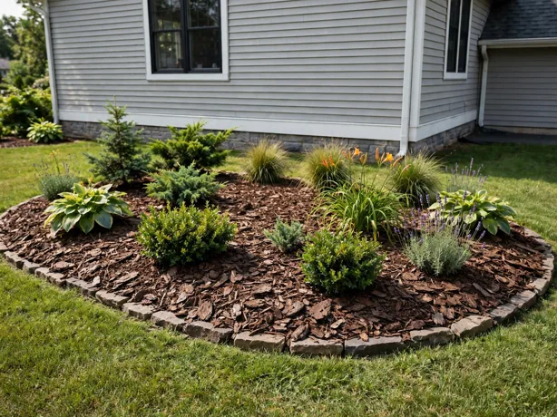 Bark Mulch Island Bed in a front yard landscaping bed by a suburban house