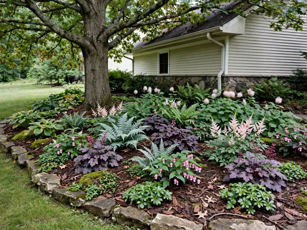 Shade Bed Under the Front Tree in a front yard landscaping bed by a suburban house
