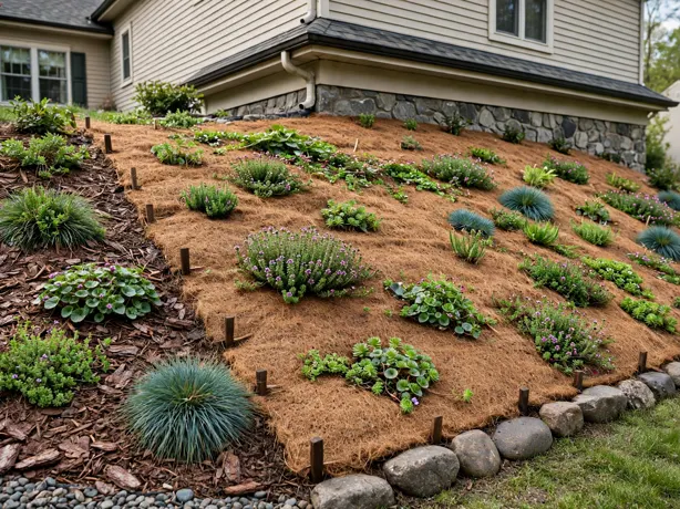 Front Slope Ground Cover Blanket in a front yard landscaping bed by a suburban house
