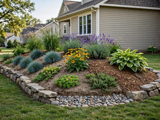 Berm Bump Bed for Flat Yards in a front yard landscaping bed by a suburban house