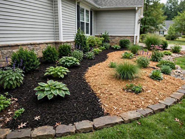 Two-Tone Mulch Contrast Bed in a front yard landscaping bed by a suburban house
