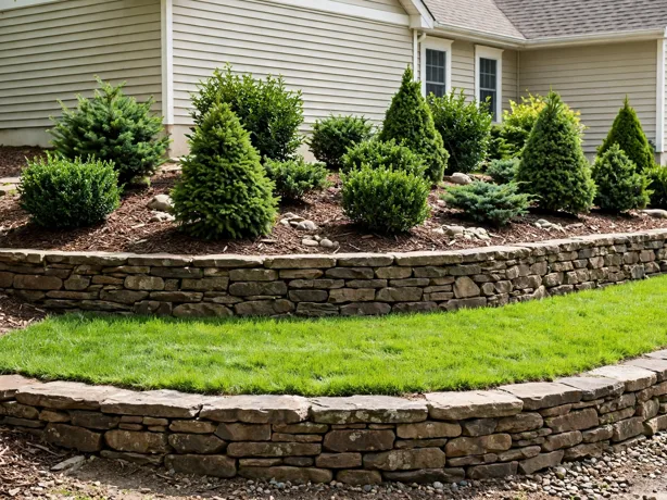 Evergreen and Grass Two-Tier Bed in a front yard landscaping bed by a suburban house