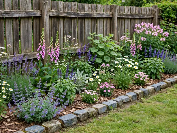 Cottage Border Along the Fence in a backyard garden bed