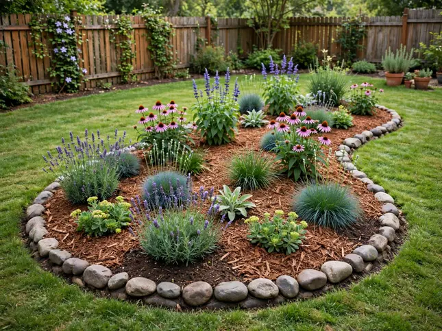 Curved Island Flower Bed in a backyard garden bed
