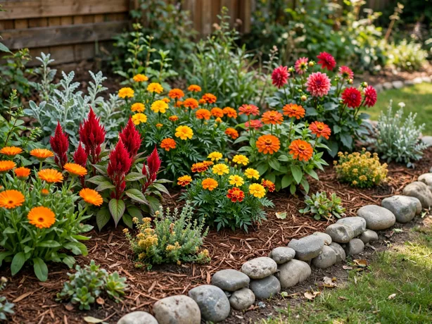 Hot-Color Summer Border in a backyard garden bed