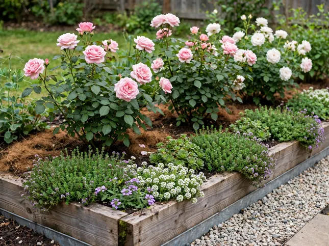 Rose Bed with Low Underplanting in a backyard garden bed