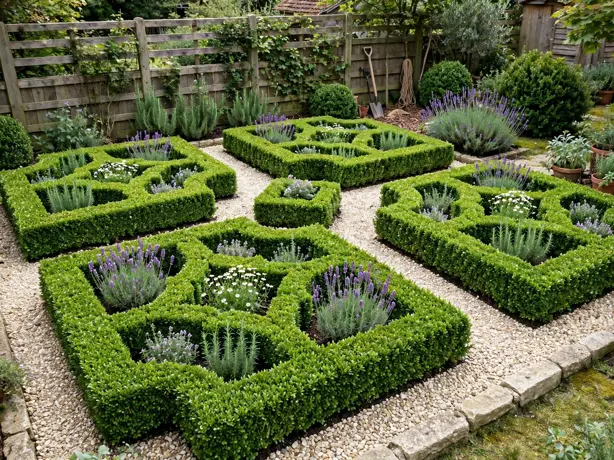 Formal Boxwood Parterre Bed in a backyard garden bed