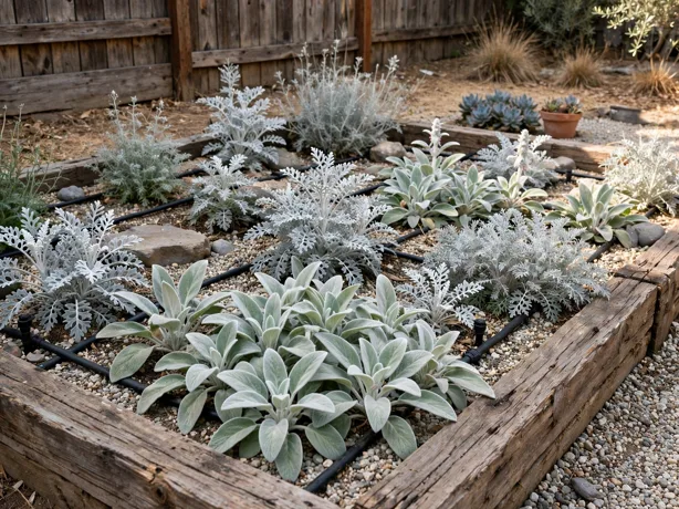 Drought Bed with Silver Foliage in a backyard garden bed