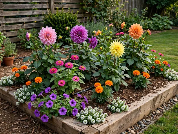 Dahlia and Annual Color Bed in a backyard garden bed