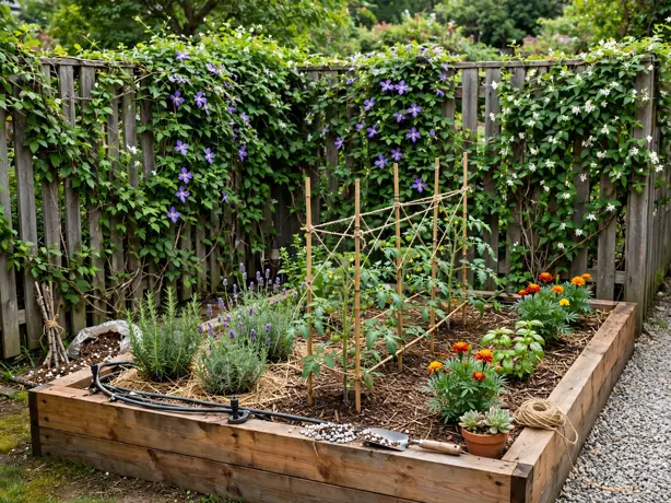 Climber-Covered Fence Bed in a backyard garden bed