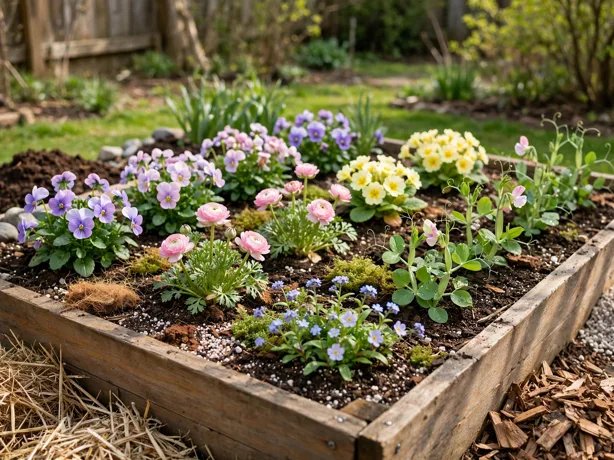 Pastel Spring Bed in a backyard garden bed
