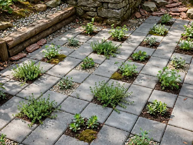 Pocket Beds Between Pavers in a small garden corner