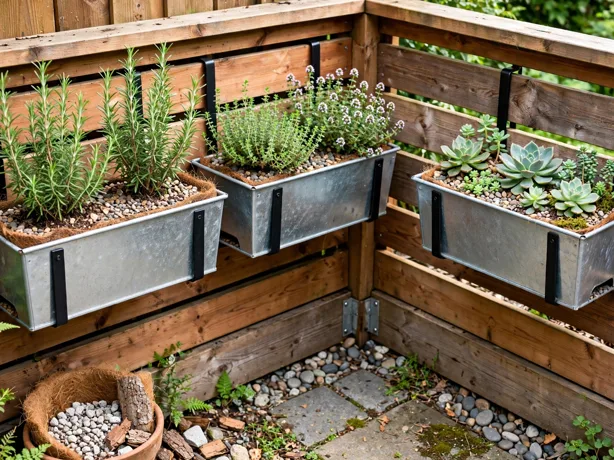 Rail Planters on the Fence in a small garden corner