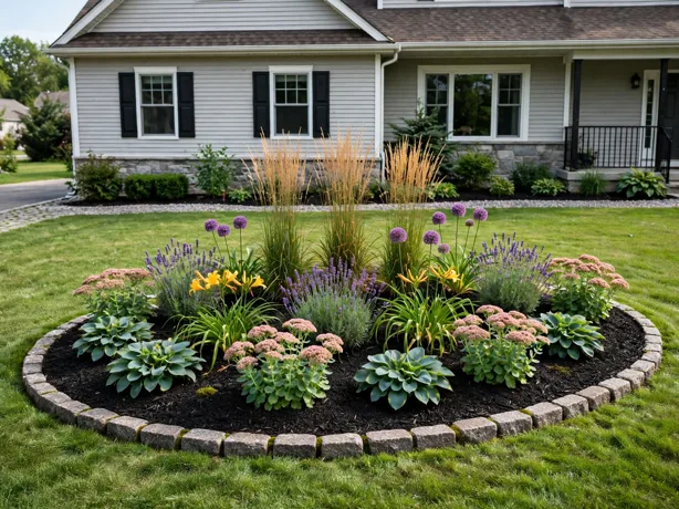 Island Bed Centered on the Lawn in a front yard garden design by a house