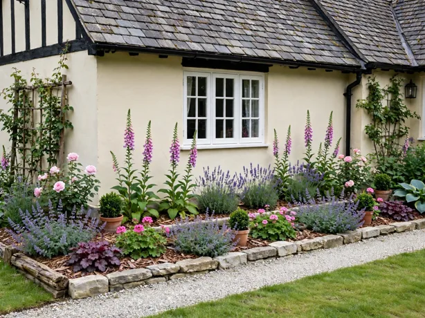 Cottage-Style Front Border Design in a front yard garden design by a house