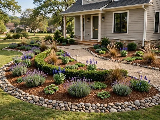 Curved Sweep Bed Design in a front yard garden design by a house