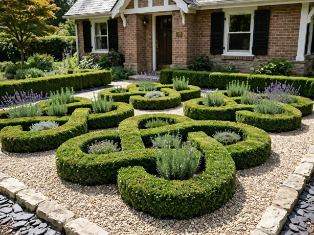 Low Hedge Knot-Style Design in a front yard garden design by a house