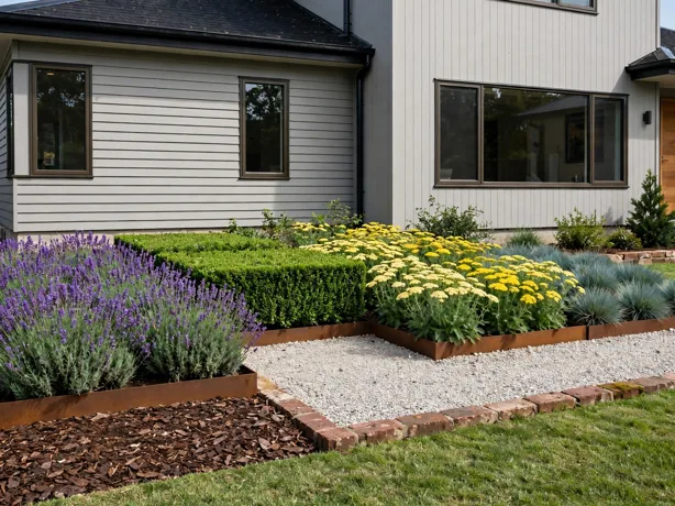 Color-Blocked Front Bed Design in a front yard garden design by a house