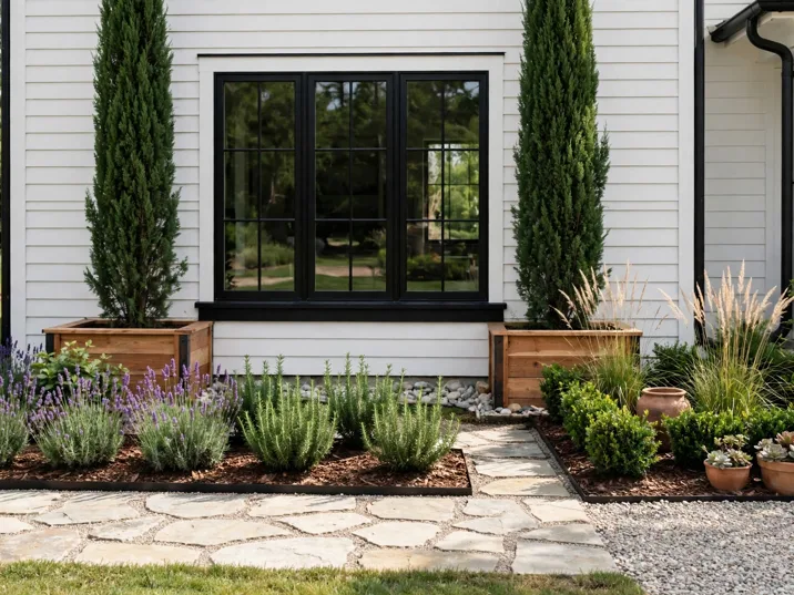 Window-Framing Tall Plant Design in a front yard garden design by a house