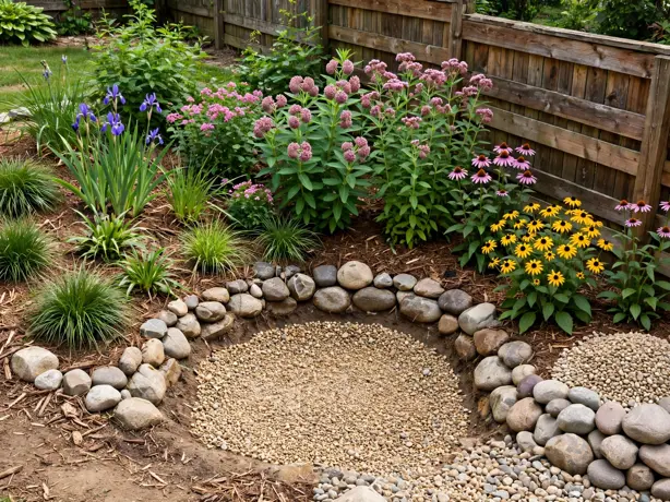Rain Garden Dip in a themed backyard garden corner