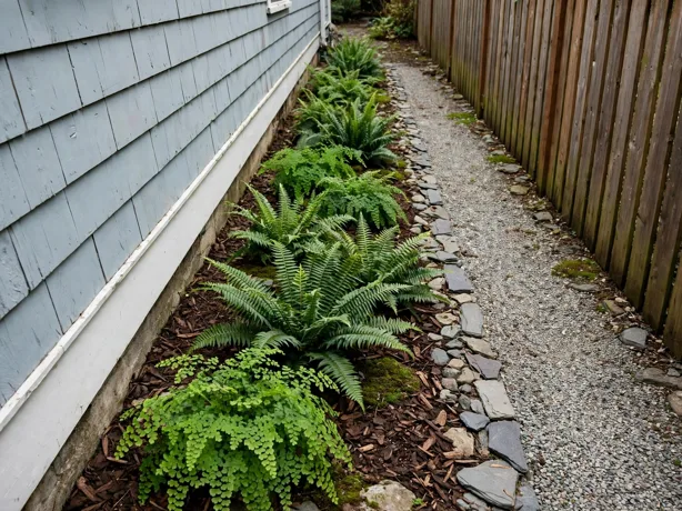 Shade Fern Strip Planting in a narrow side yard strip beside a house