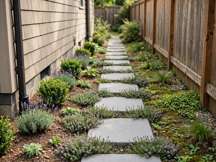 Stepping Pads with Ground Cover Joints in a narrow side yard strip beside a house
