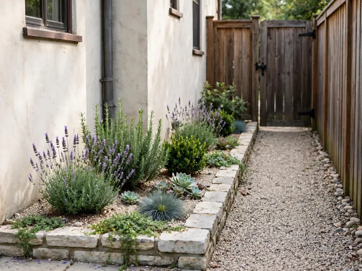 Gate Entry Pocket Bed in a narrow side yard strip beside a house