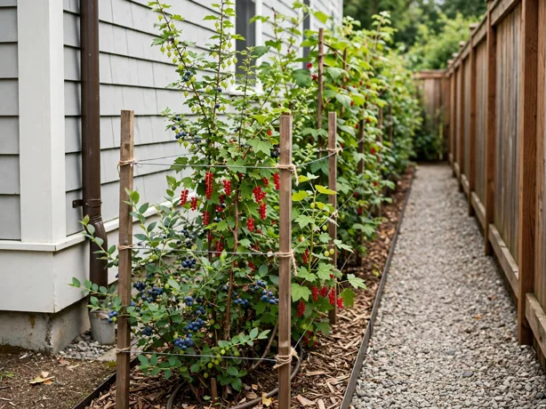 Fruit Hedge Edible Screen in a narrow side yard strip beside a house