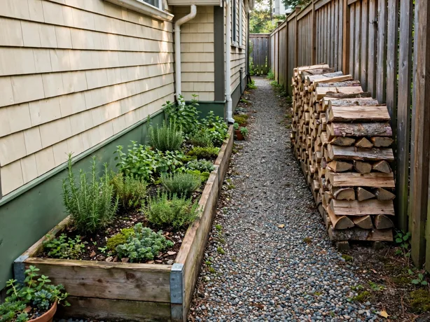 Firewood Stack Green Wall Bed in a narrow side yard strip beside a house