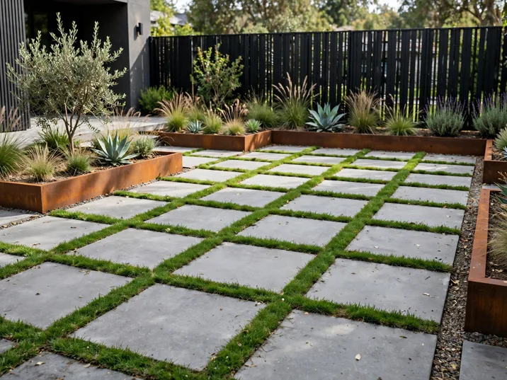 Linear Paver and Grass Grid style modern backyard landscaping hero view