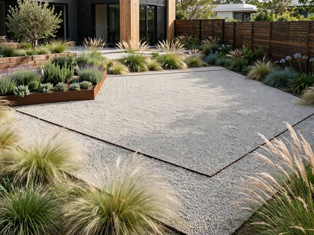 Gravel Court with Grass Drifts in a modern backyard landscaping