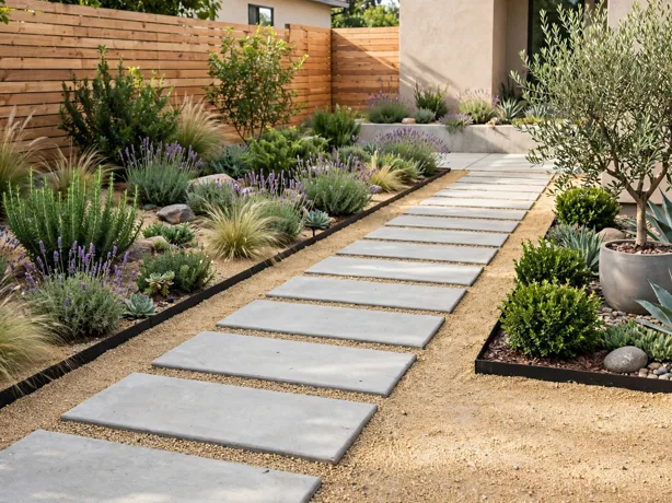 Concrete Stepping Pad Run in a modern backyard landscaping