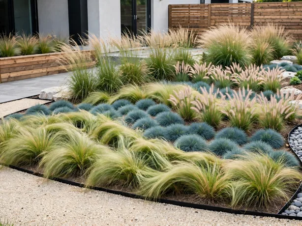 Ornamental Grass Wave Planting in a modern backyard landscaping