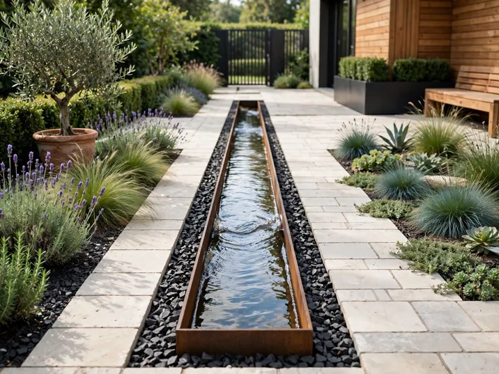 Narrow Water Rill Line in a modern backyard landscaping